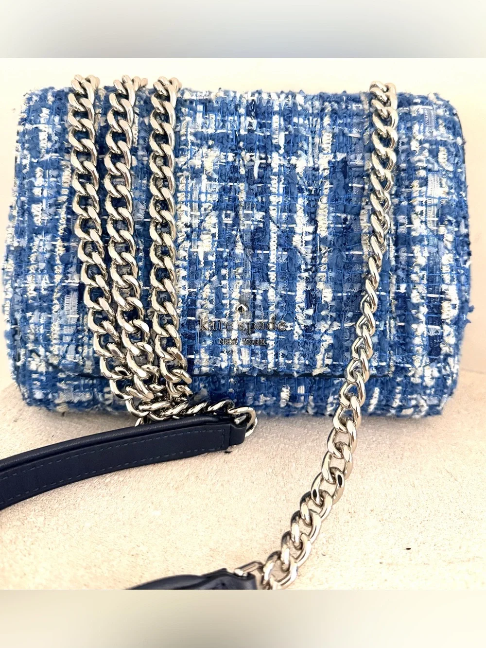 KATE SPADE Natalia Denim Tweed Medium Flap Chain Shoulder Crossbody Blue